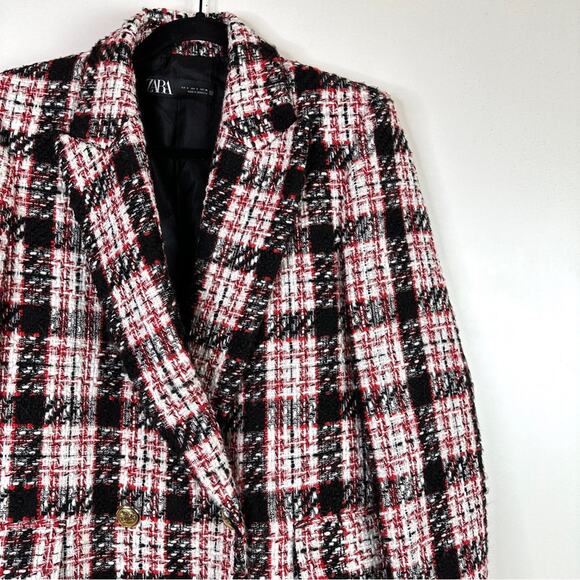 Zara Blogger Black Red Tweed Plaid Double Breasted Blazer. - Picture 10 of 16